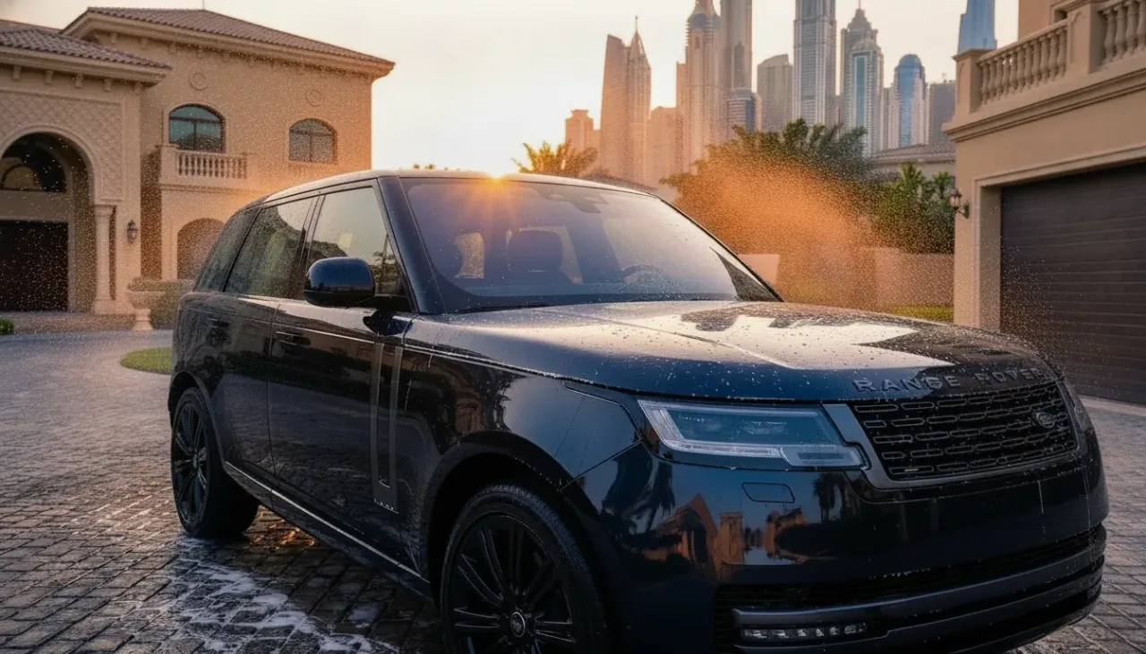 Luxury SUV being washed at golden hour outside a Dubai villa