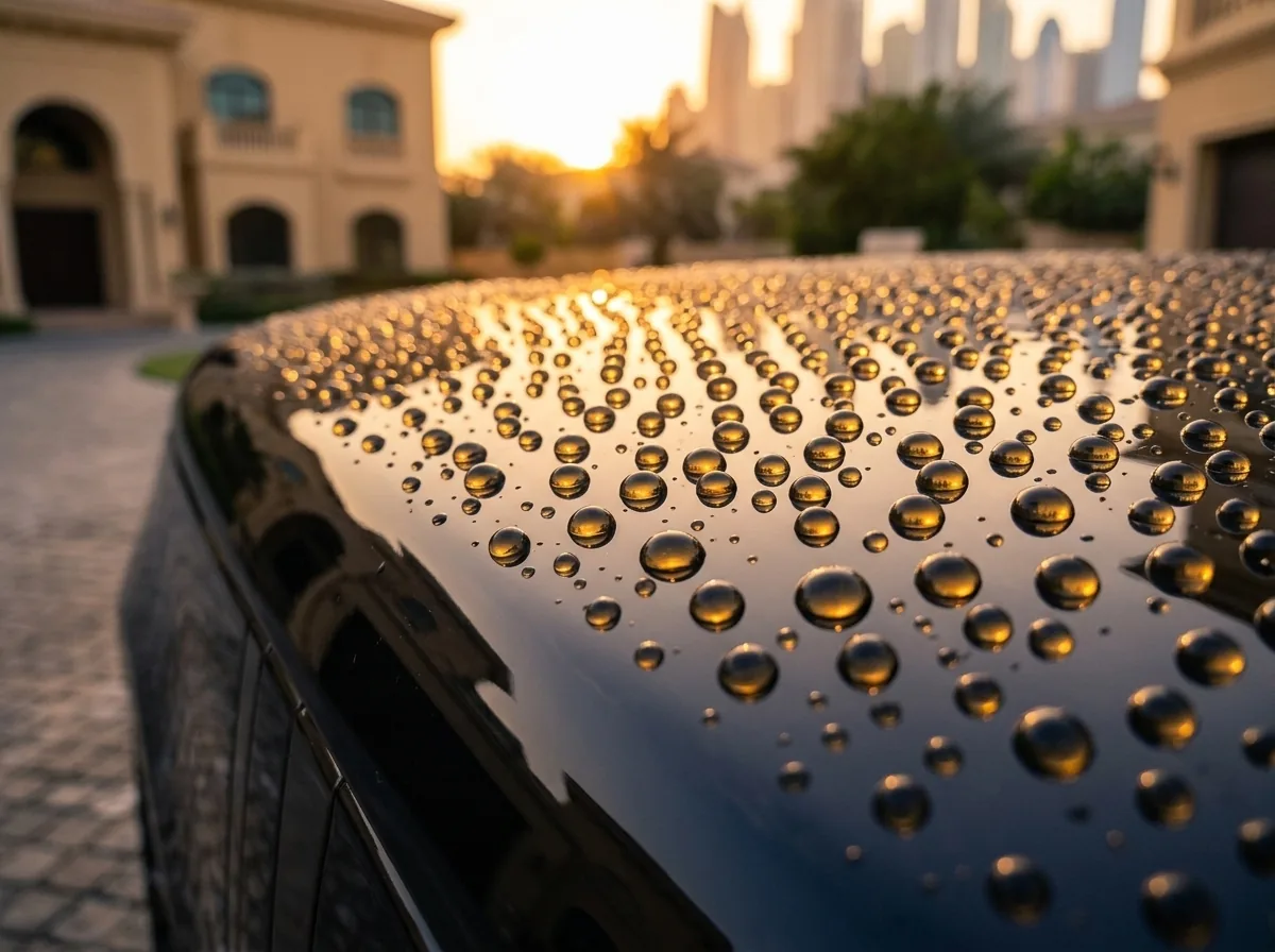 Water beading on a ceramic-coated black panel at sunset