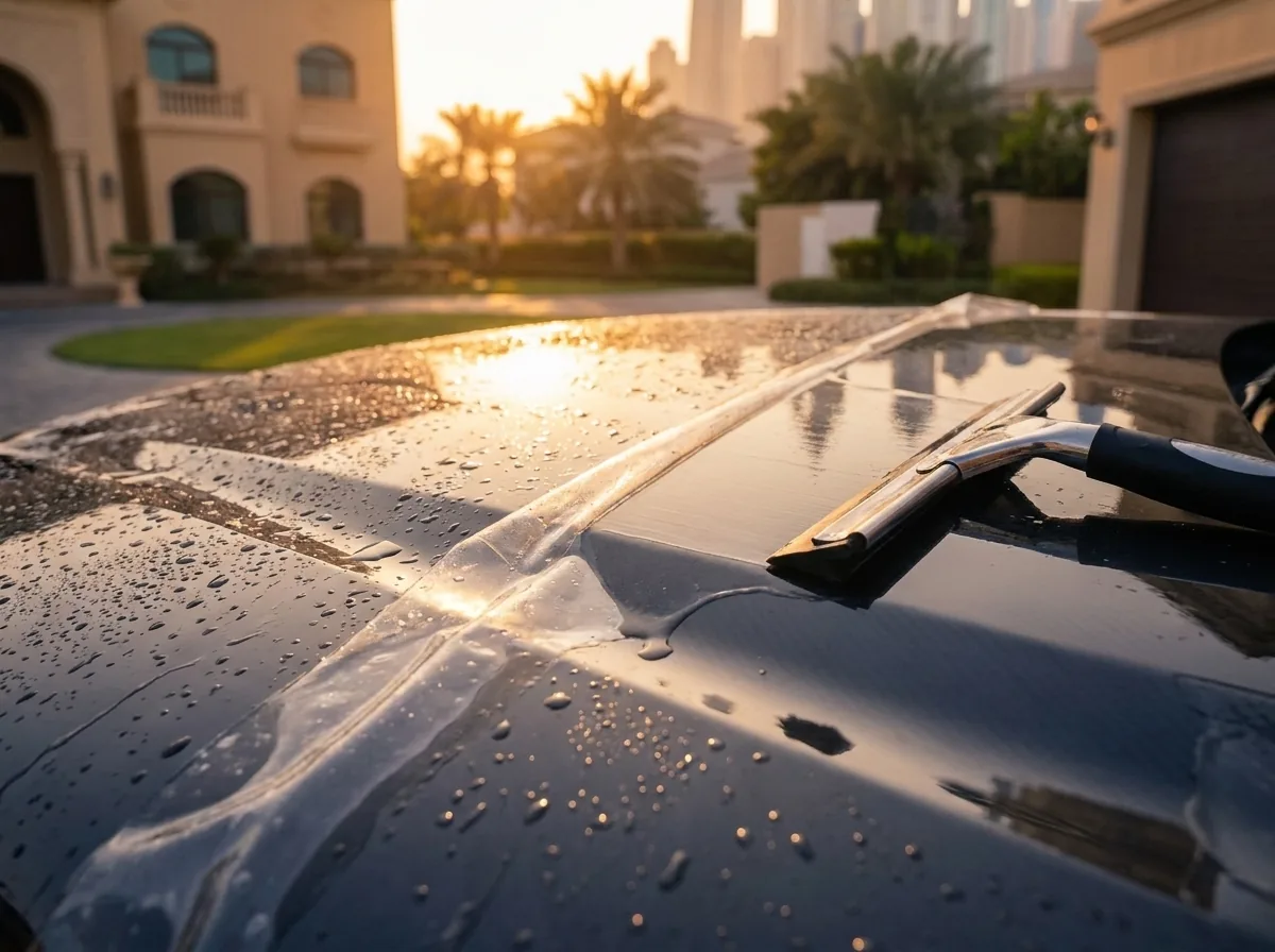Clear paint protection film being applied to a bonnet